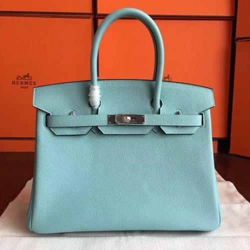 Hermes Blue Atoll Clemence Birkin 30cm Handmade Bag