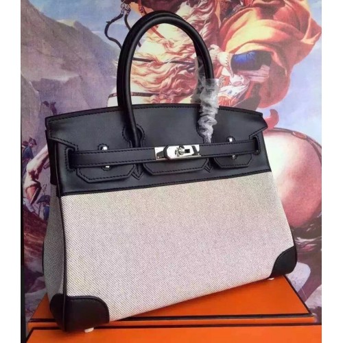 Hermes Canvas Birkin 30cm Bag With Black Leather