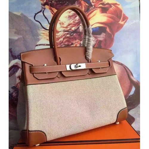 Hermes Canvas Birkin 30cm Bag With Brown Leather