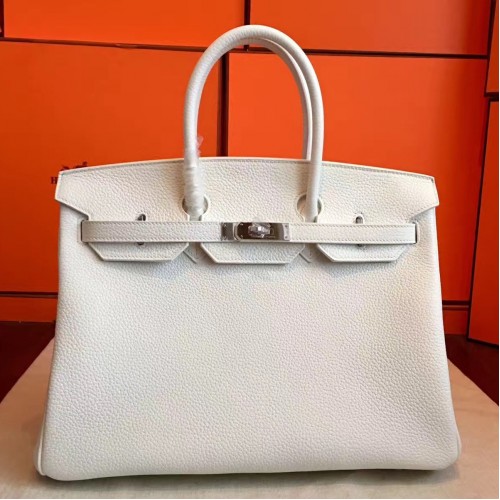 Hermes White Clemence Birkin 35cm Handmade Bag