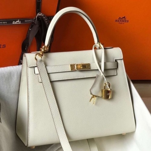 Hermes White Epsom Kelly 25cm Sellier Handmade Bag