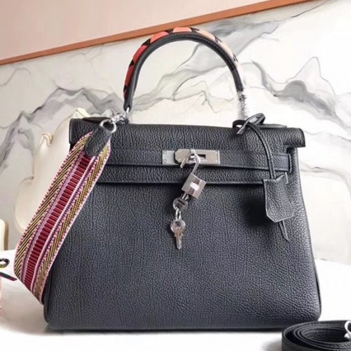 Hermes Black Kelly 28cm Bag With Zigzag Handle