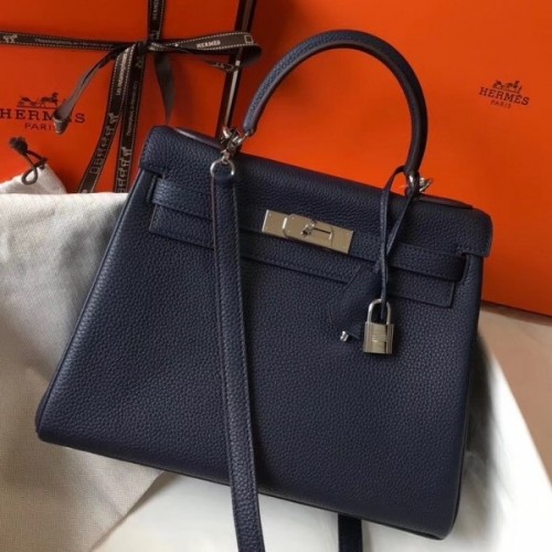 Hermes Navy Blue Clemence Kelly 28cm Bag