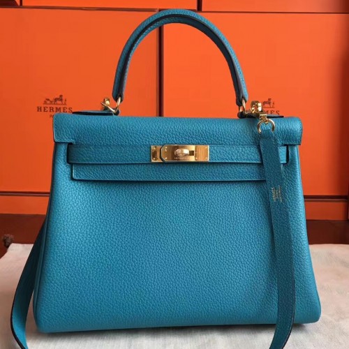 Hermes Turquoise Clemence Kelly Retourne 28cm Handmade Bag