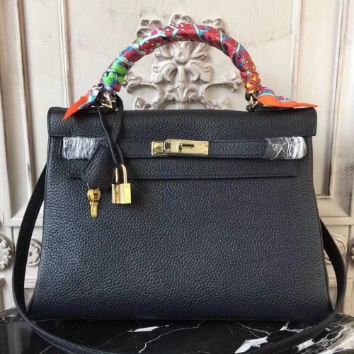 Hermes Black Clemence Kelly 32cm Retourne Bag