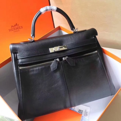 Hermes Black Kelly Lakis 35cm Handmade Bag