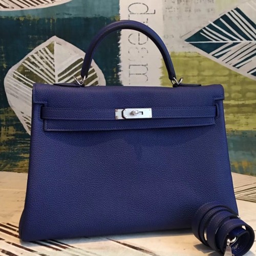 Hermes Blue Clemence Kelly 35cm Handmade Bag