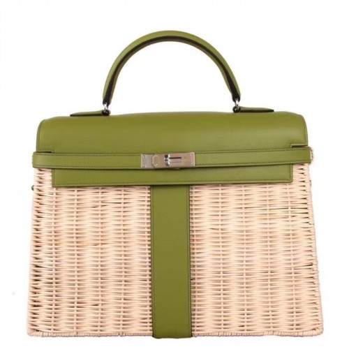 Hermes Green Picnic Kelly 35cm Wicker Bag