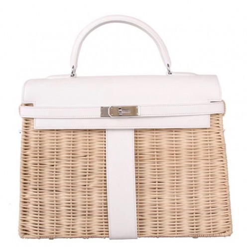 Hermes White Picnic Kelly 35cm Wicker Bag