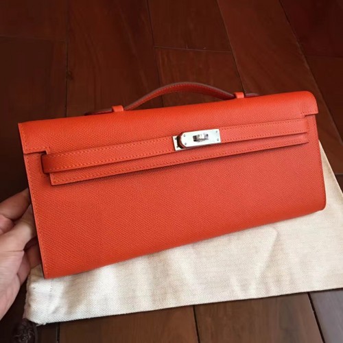 Hermes Orange Epsom Kelly Cut Clutch Handmade Bag