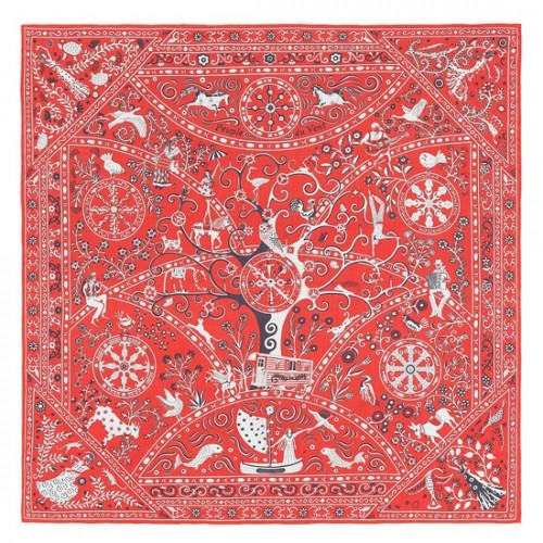 Hermes Red Peuple du Vent Bandana Shawl