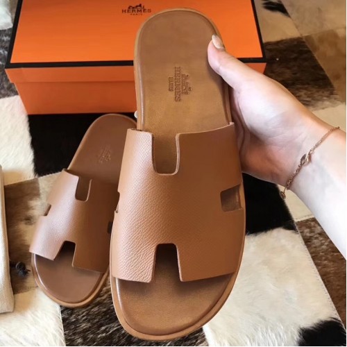 Hermes Izmir Sandals In Brown Epsom Leather