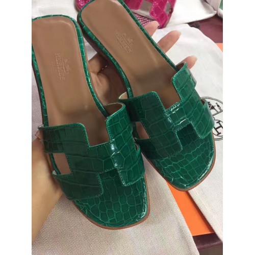 Hermes Green Crocodile Oran Sandals