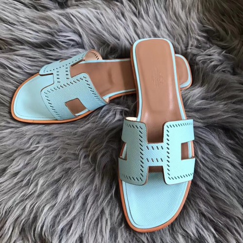 Hermes Oran Perforated Sandals In Blue Atoll Epsom Leather