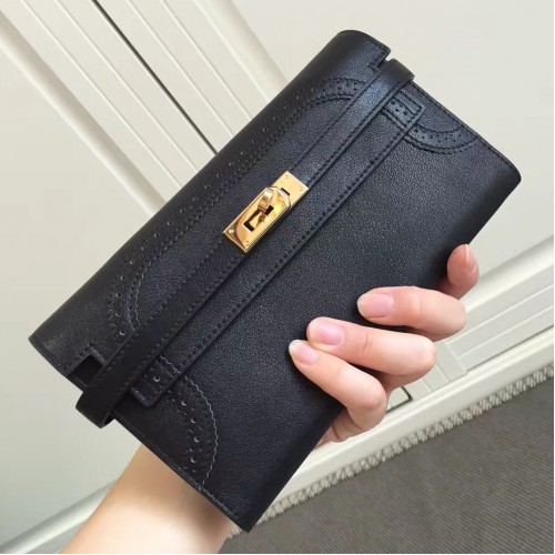 Hermes Kelly Ghillies Wallet In Black Swift Leather